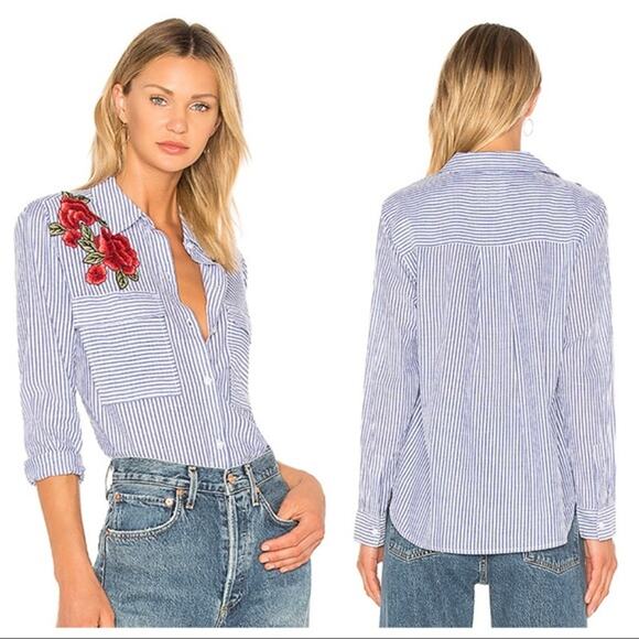 Rails Medium Frances Button Up Banker Stripe Floral Patches Blouse Embroidered - Picture 1 of 16